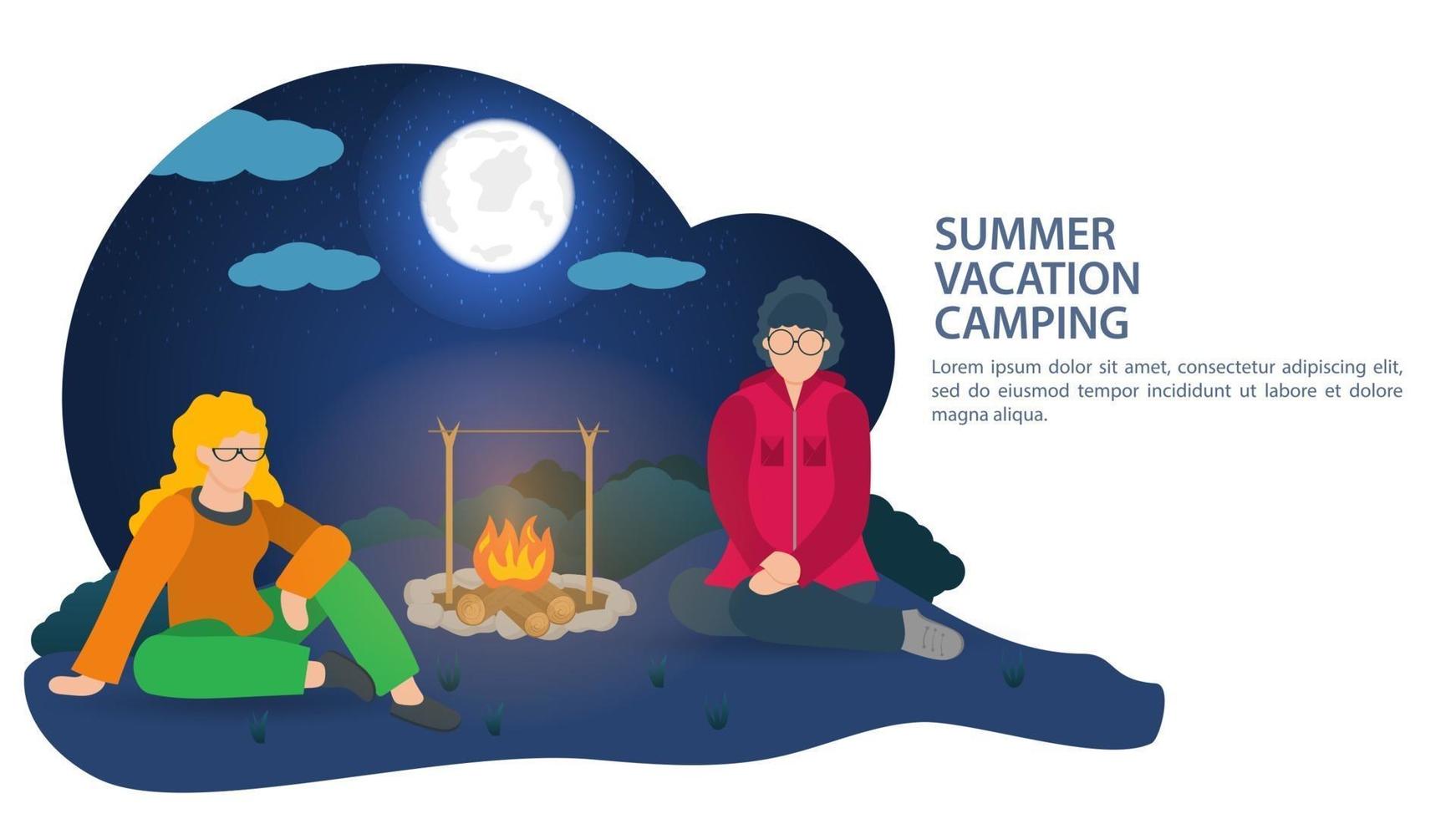 banner para el diseño de campamento de verano dos niñas sentadas en la noche cerca de una fogata en la naturaleza vector ilustración plana