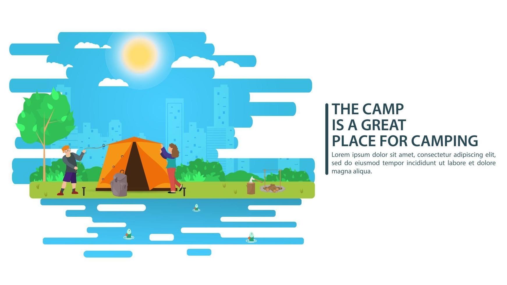 Sunny day landscape illustration in flat style people put up a tent Background for summer camp nature tourism camping or Hiking concept design vector