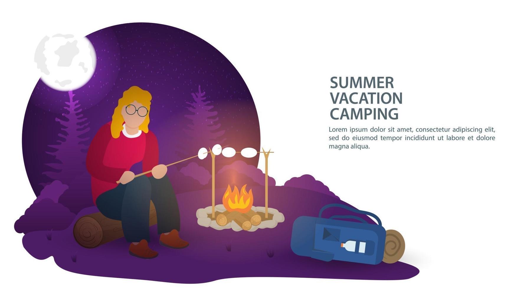 Banner for the design of summer camping in nature a girl at night sitting on a log in the forest near a fire and preparing dinner food flat vector illustration
