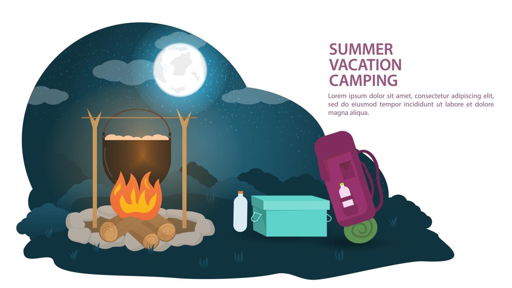 Banner para el diseño de un campamento de verano en un claro en el bosque, la comida se está preparando sobre un fuego junto a una mochila y una caja de suministros en el contexto de la ilustración plana del vector del cielo de la luna nocturna