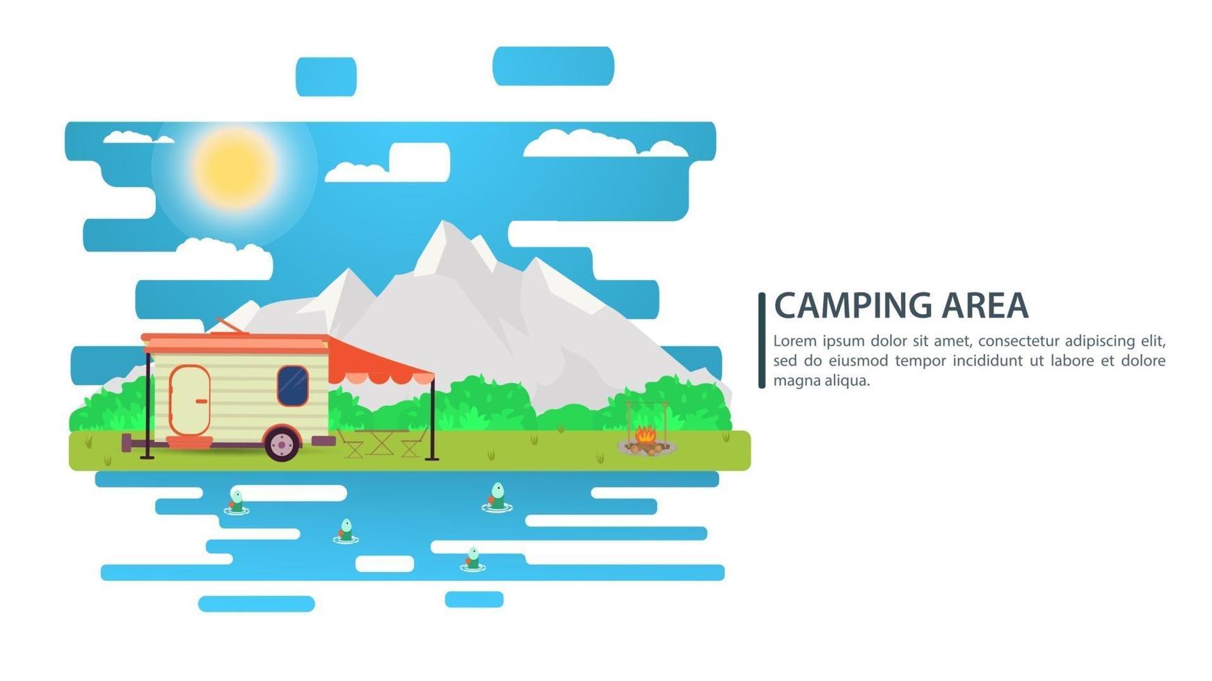 Ilustración de paisaje de día soleado en estilo plano remolque casa rodante fogata montañas fondo de bosque y agua para campamento de verano turismo de naturaleza camping o senderismo diseño de concepto vector