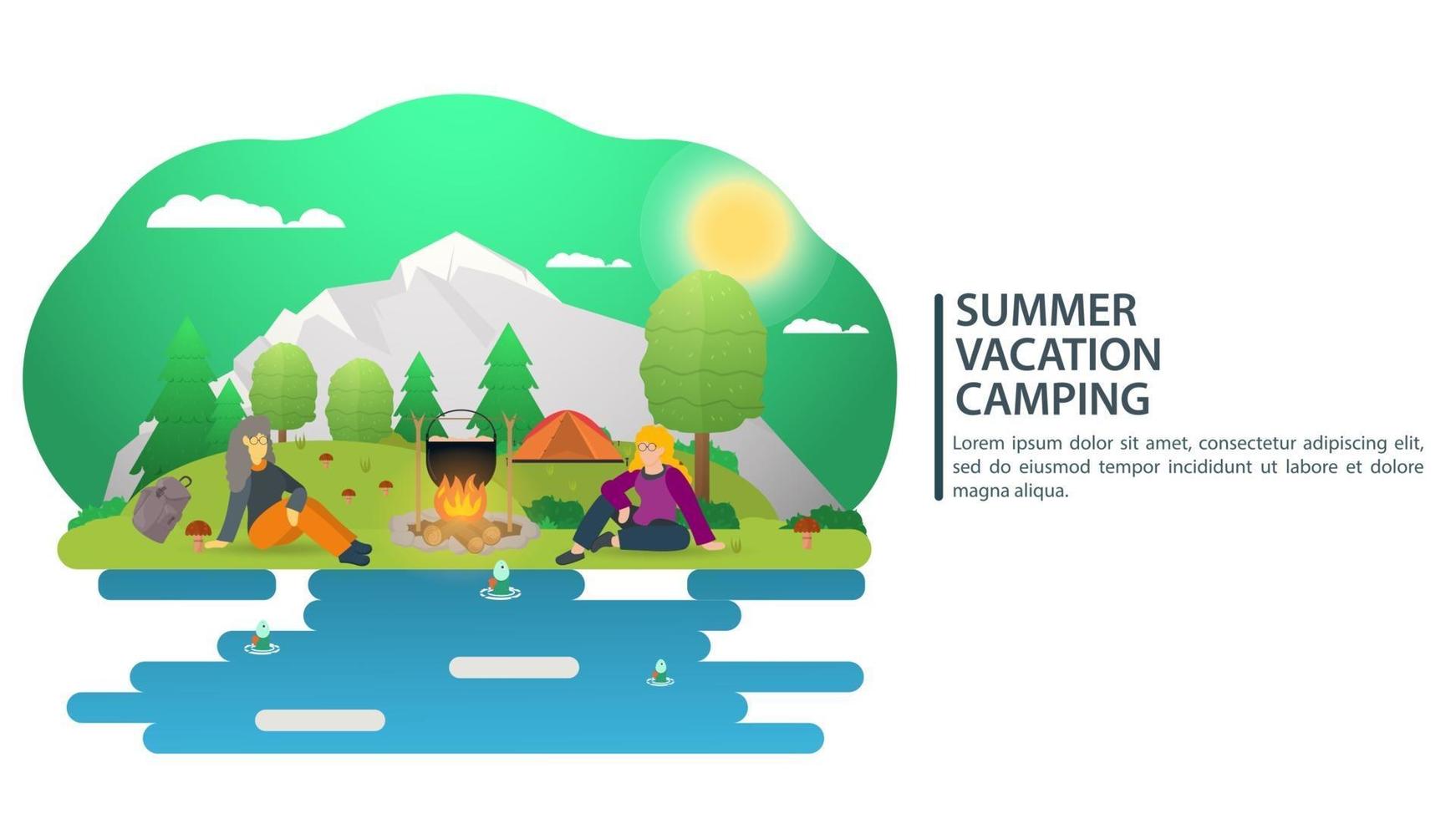 Fondo de paisaje de día soleado para campamento de verano turismo de naturaleza camping o senderismo concepto de diseño web personas sentadas alrededor de un fuego con comida ilustración vectorial plana vector