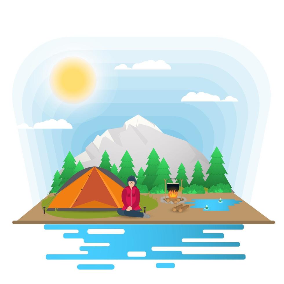 Sunny day landscape Background for summer camp nature tourism camping or Hiking web design concept girl sitting next to a tent and a tent flat vector illustration