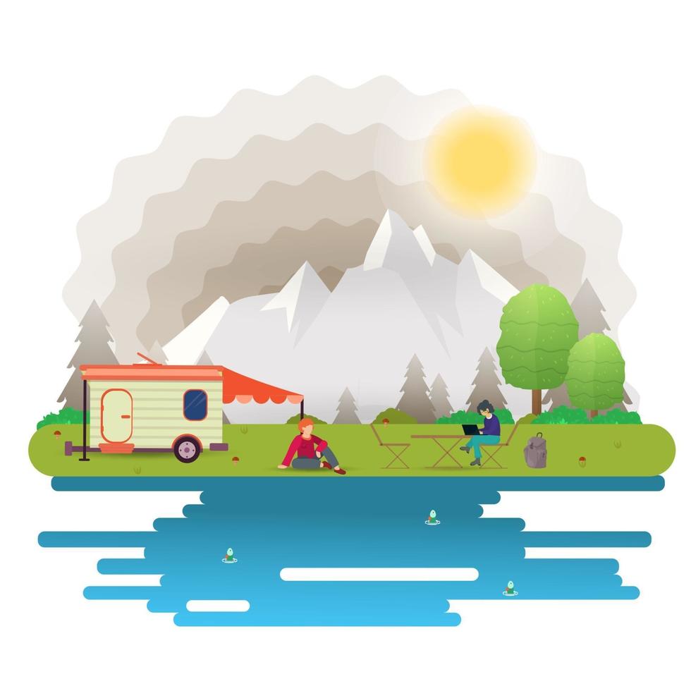 Fondo de paisaje de día soleado para campamento de verano turismo de naturaleza camping o senderismo concepto de diseño web niña en la mesa otra cerca de la casa sobre ruedas ilustración vectorial plana vector