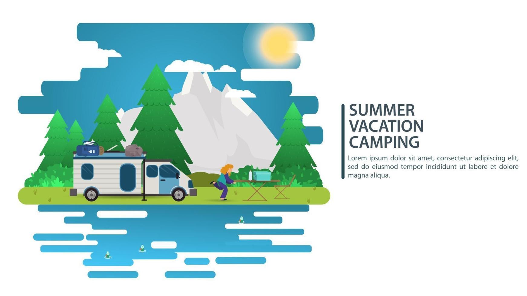 Sunny day landscape illustration in flat style cartoon people came by car to the camp site mountains forest Background for summer camp nature tourism camping or Hiking concept design vector