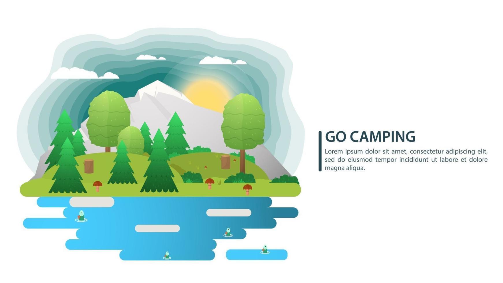 Fondo de paisaje de día soleado para campamento de verano, turismo de naturaleza, camping o senderismo, concepto de diseño web, montañas, bosque, agujas y hojas, naturaleza, ilustración vectorial plana vector