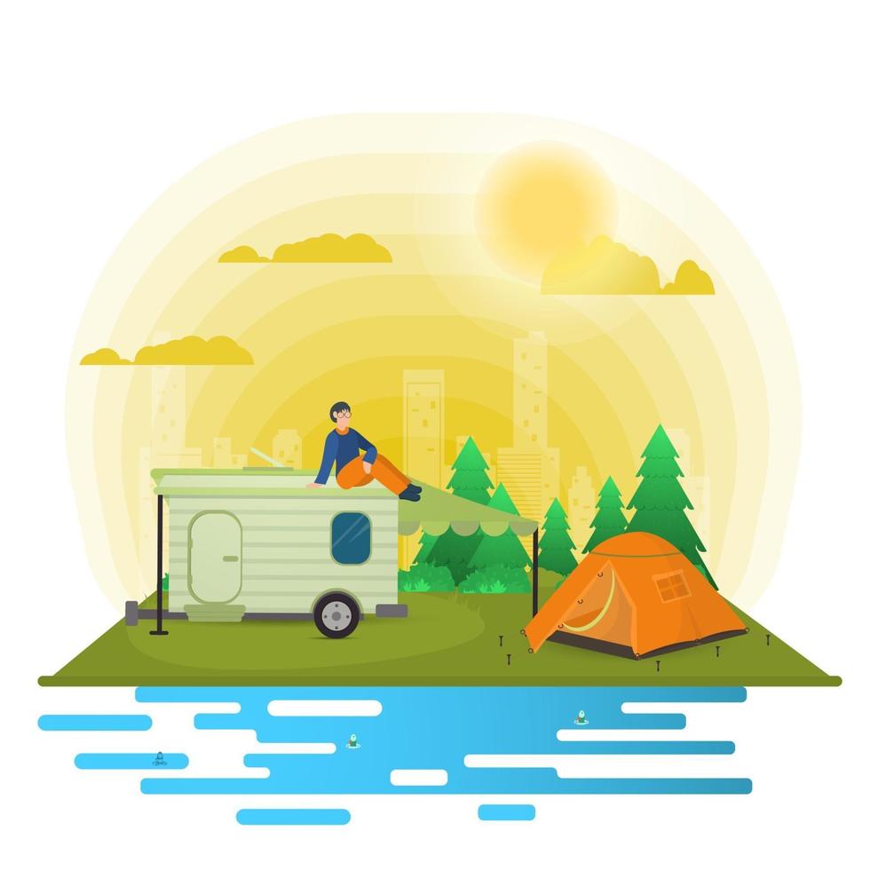 Fondo de paisaje de día soleado para campamento de verano turismo de naturaleza camping o senderismo concepto de diseño web hombre sentado en el techo de un remolque casa rodante ilustración vectorial plana vector