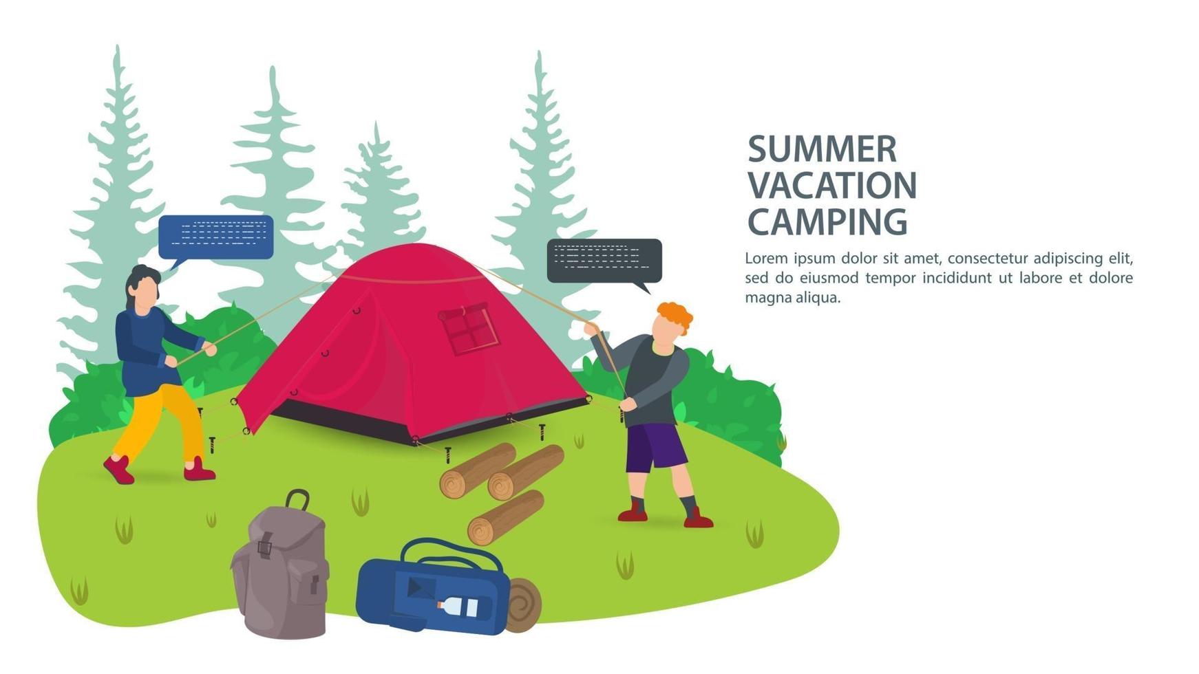 Banner for the design of summer camping two people tourists put up a tent for the night in nature vector flat illustration