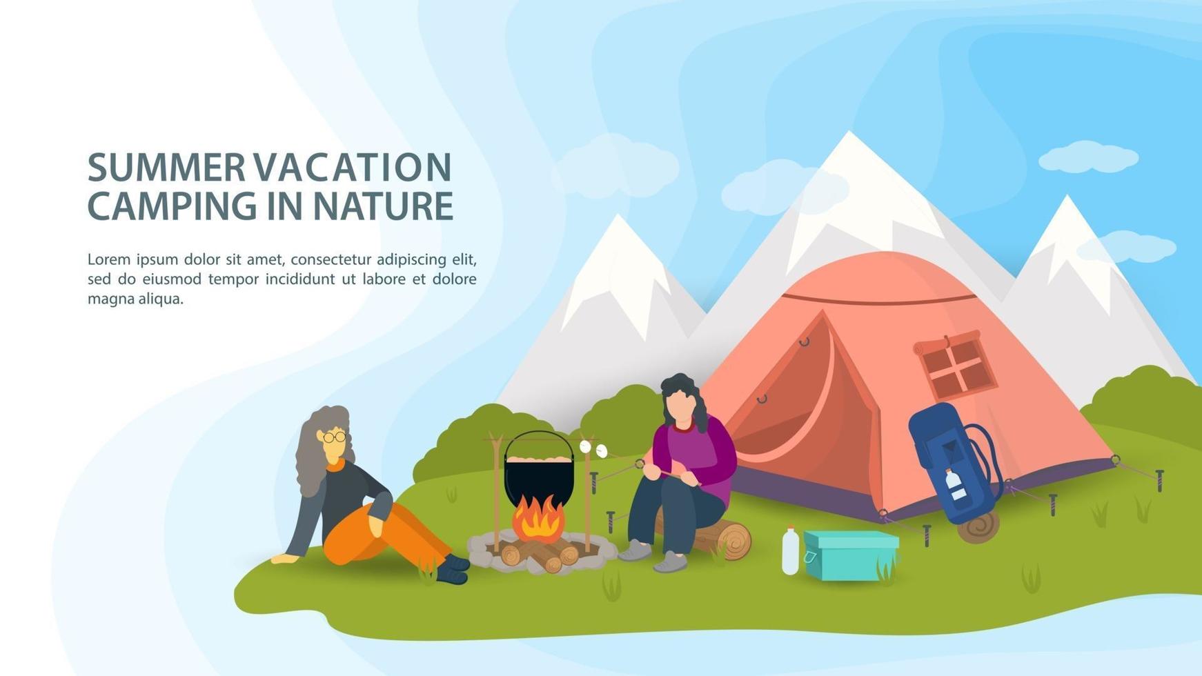 Banner para el diseño de campamento de verano en la naturaleza personas sentadas alrededor de un fuego preparando comida junto a una carpa en el fondo de las montañas ilustración vectorial plana vector