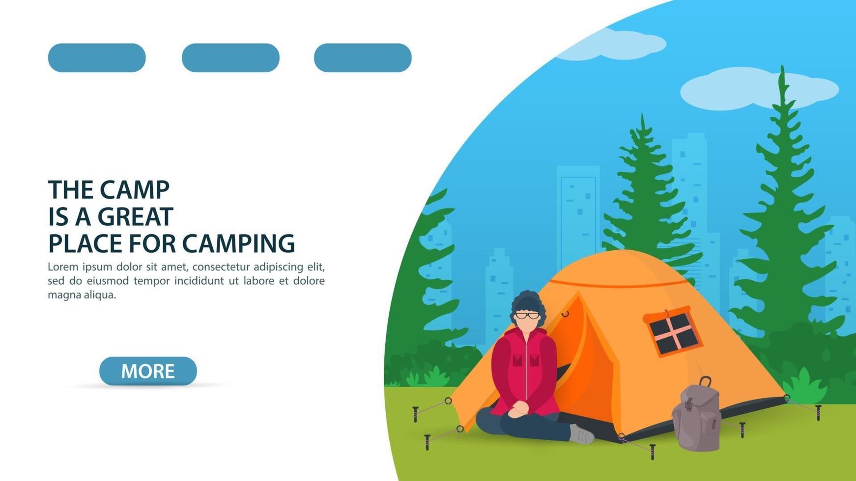 Page for the design of a website or mobile app summer camping theme girl sitting on her knees in front of a tourist tent vector flat illustration