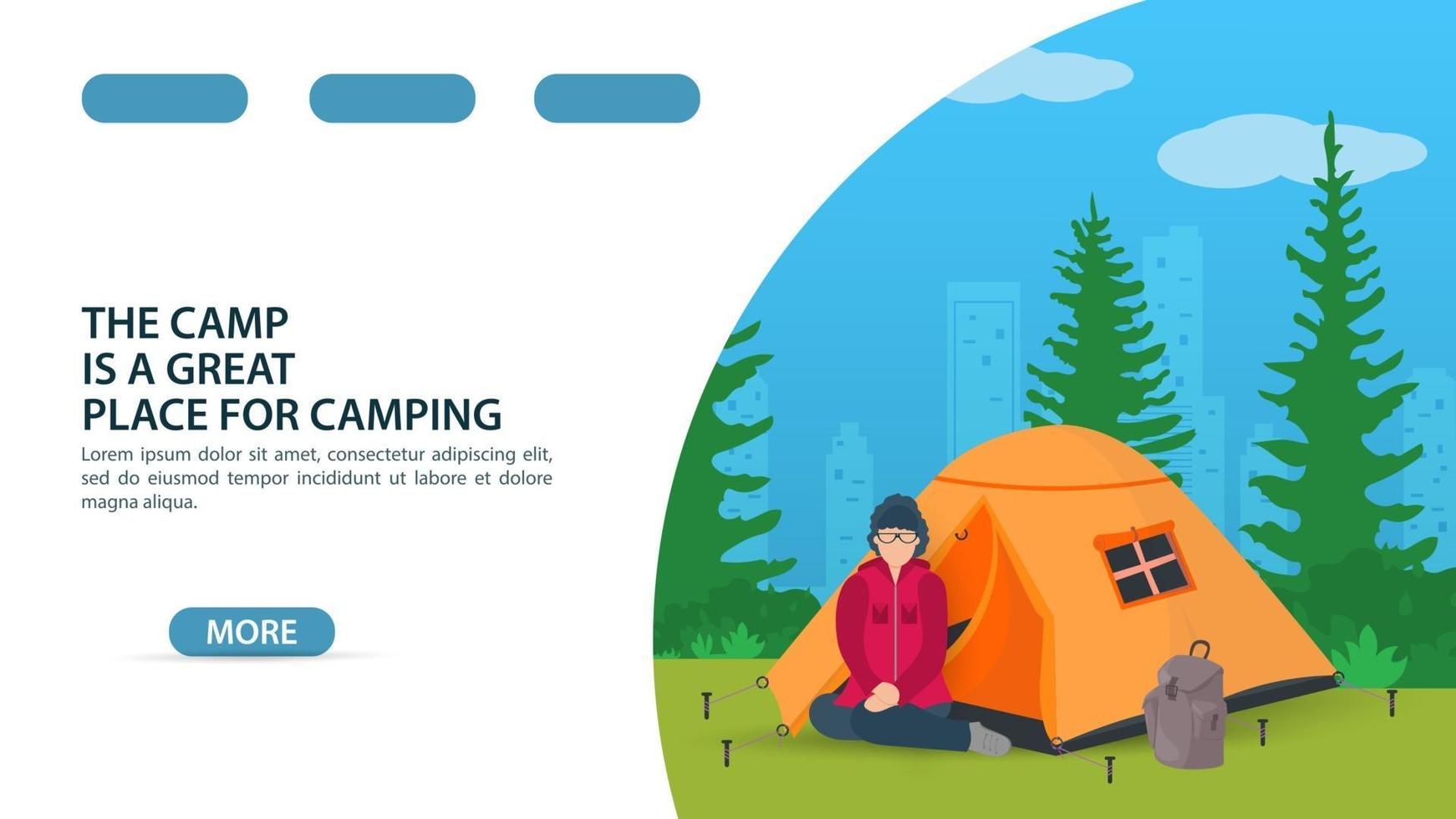 página para el diseño de un sitio web o aplicación móvil tema de campamento de verano niña sentada de rodillas frente a una carpa turística vector ilustración plana