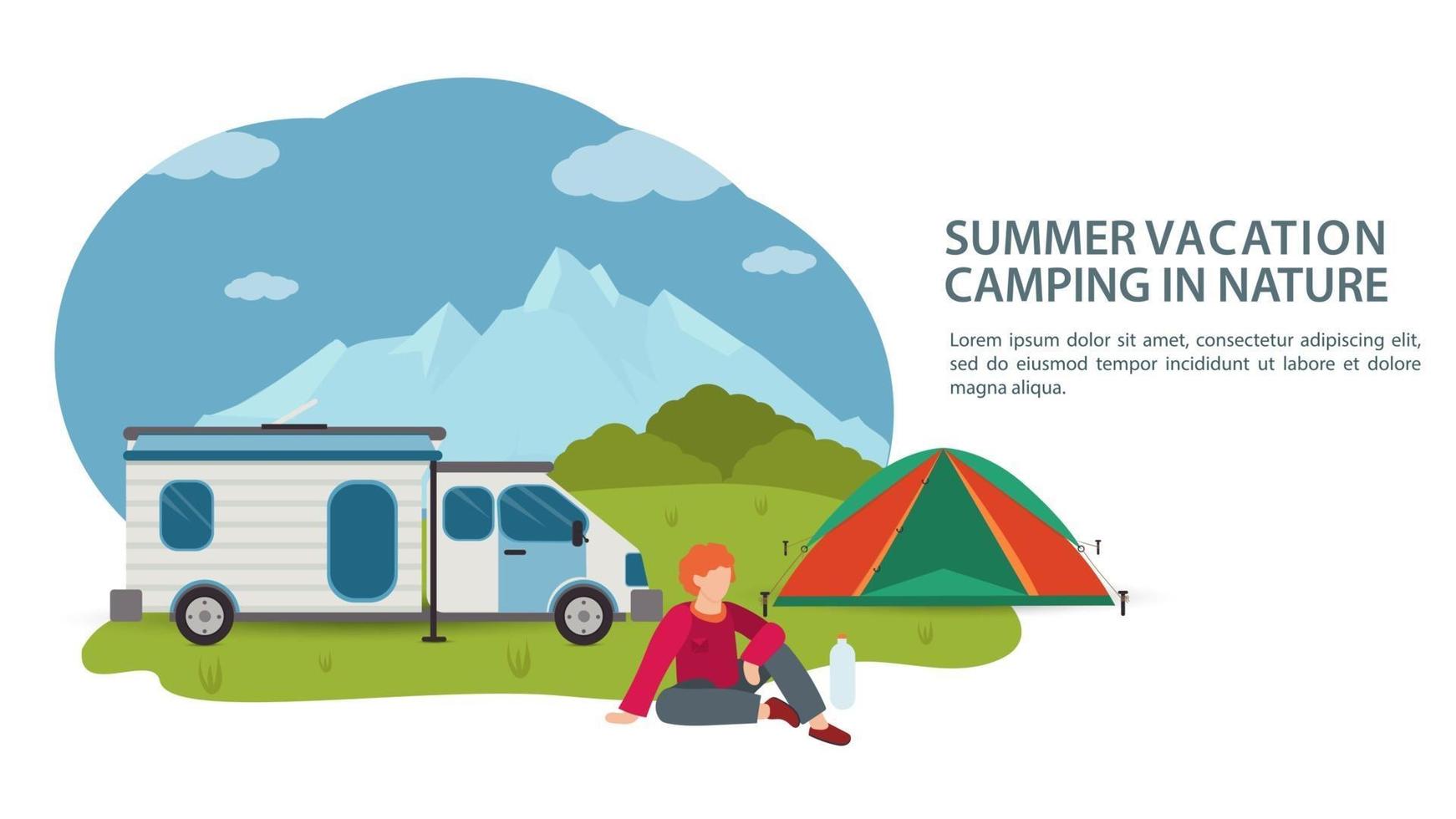 Banner para el diseño de un campamento de verano, un hombre se sienta junto a un automóvil, una casa sobre ruedas y una carpa turística en el fondo de las montañas, vector ilustración plana