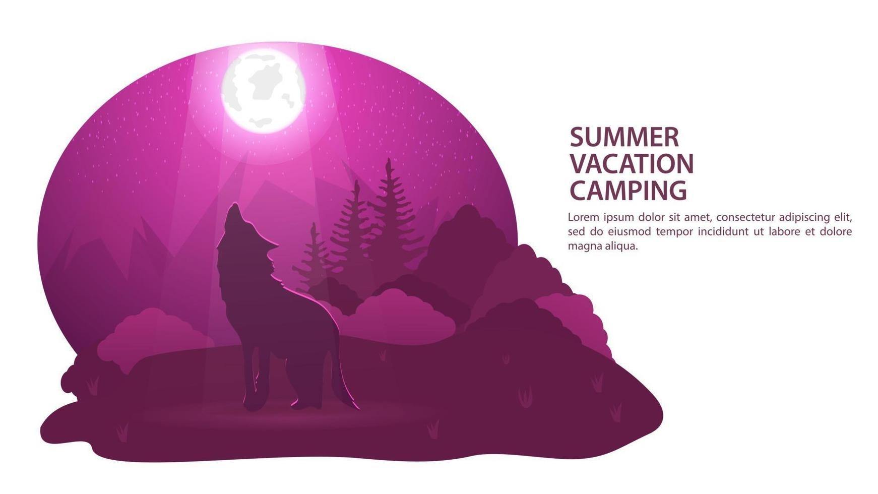 Banner para el diseño del lobo de campamento de verano en la noche en un bosque aullando a la luna contra el fondo de montañas y bosques vector ilustración plana