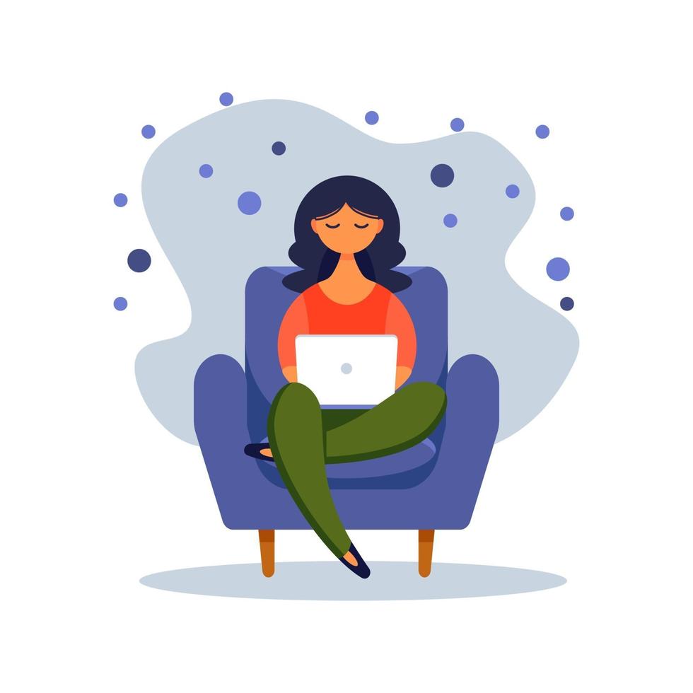 Woman with laptop sitting on the chair. Concept illustration for freelancing, studying, online education,online shopping, working from home. Vector illustration in flat cartoon style.