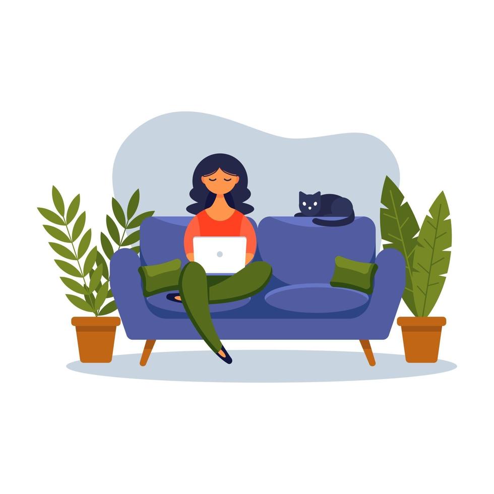 Girl with laptop sitting on the couch. Concept illustration for freelancing, studying, online education,online shopping, working from home. Vector illustration in flat cartoon style.