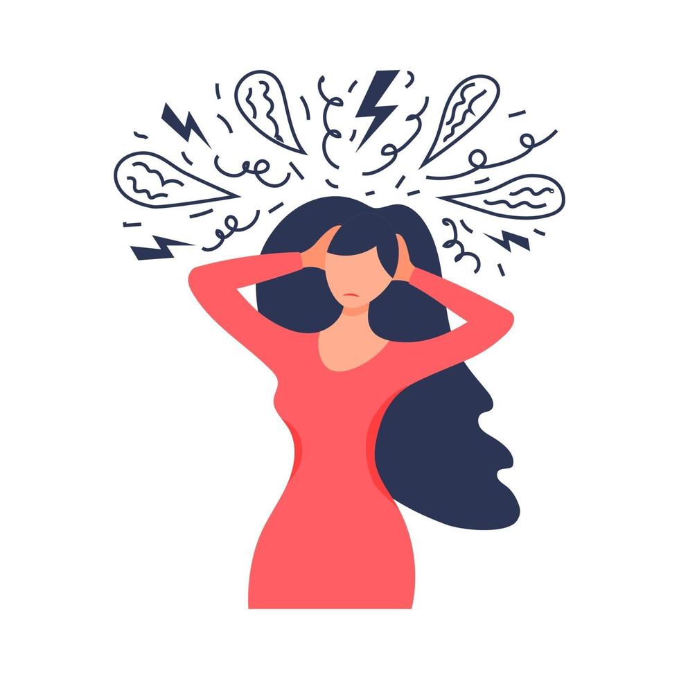 Frustrated woman with nervous problem feel anxiety and confusion of thoughts. Mental disorder and chaos in consciousness. Girl with anxiety touch head surrounded by think. vector