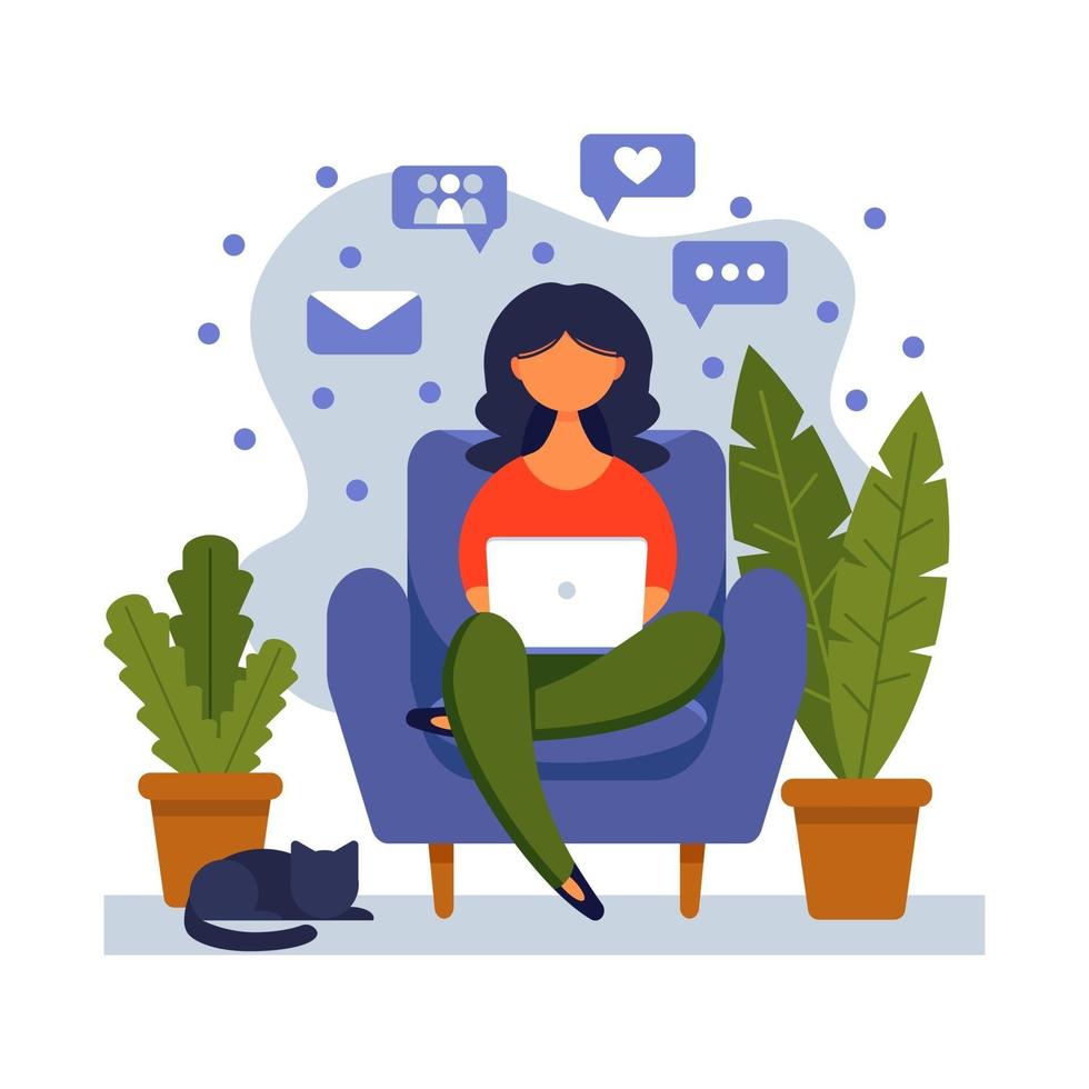 Woman with laptop sitting on the chair. Concept illustration for freelancing, studying, online education,online shopping, working from home. Vector illustration in flat cartoon style.