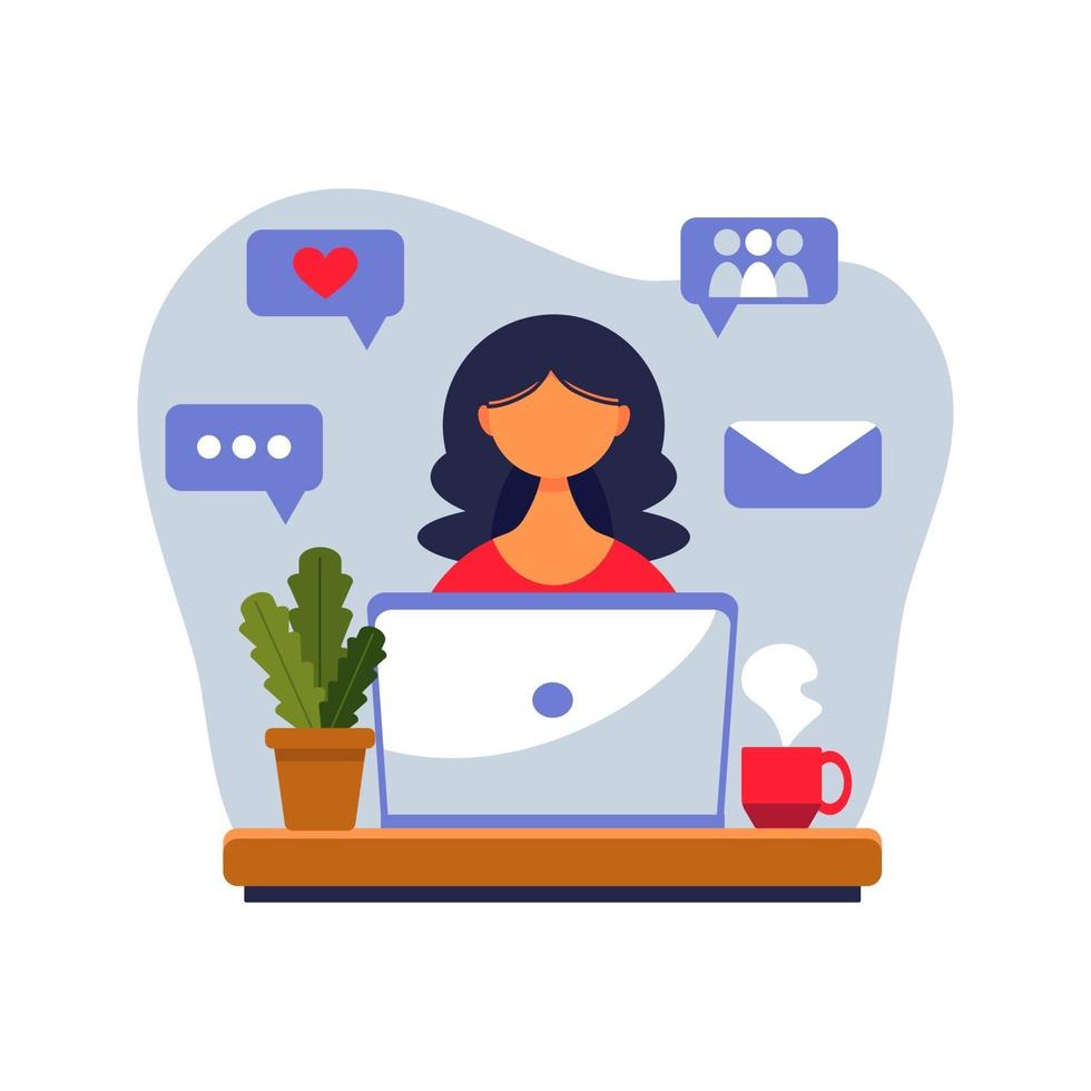 Home office concept, girl with laptop. Woman working from home. Freelance or studying, student or freelancer concept. Vector illustration in flat style.