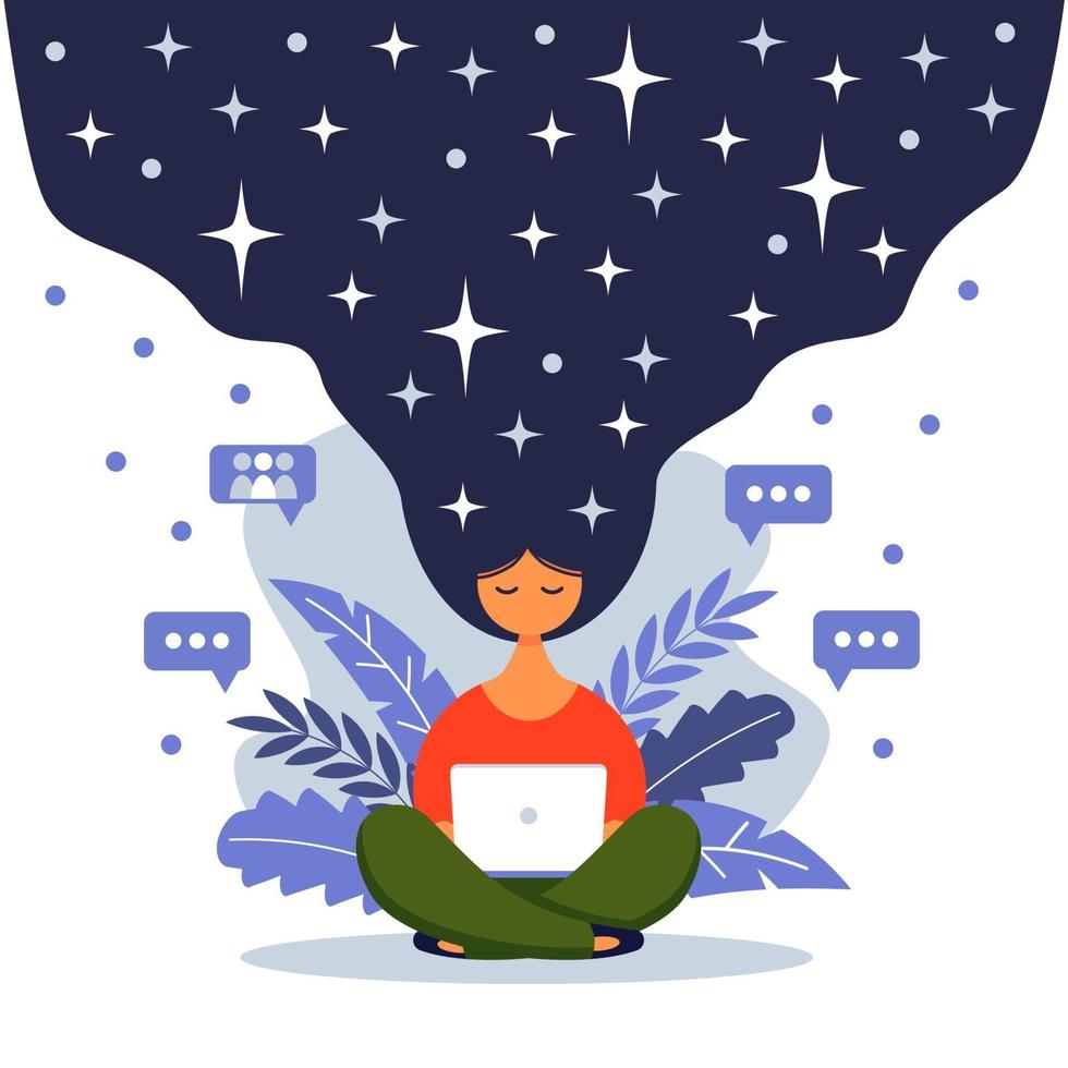 Feminine concept illustration, beautiful woman, hair night sky full of stars. Woman with laptop sitting in nature with crossed legs. Vector illustration in flat cartoon style.