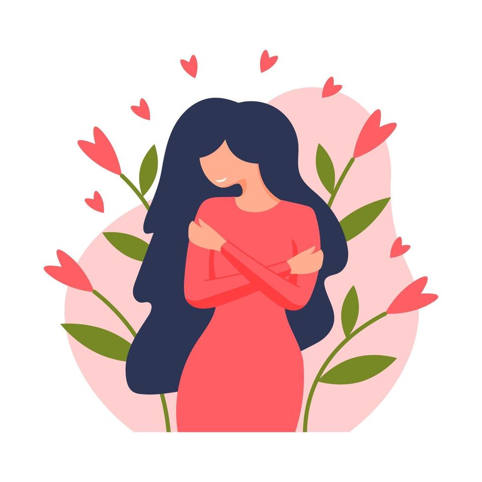 mujer joven abrazándose a sí misma. Amate a ti mismo. concepto de amor propio. Amo tu concepto de cuerpo. ilustración vectorial en estilo plano. vector