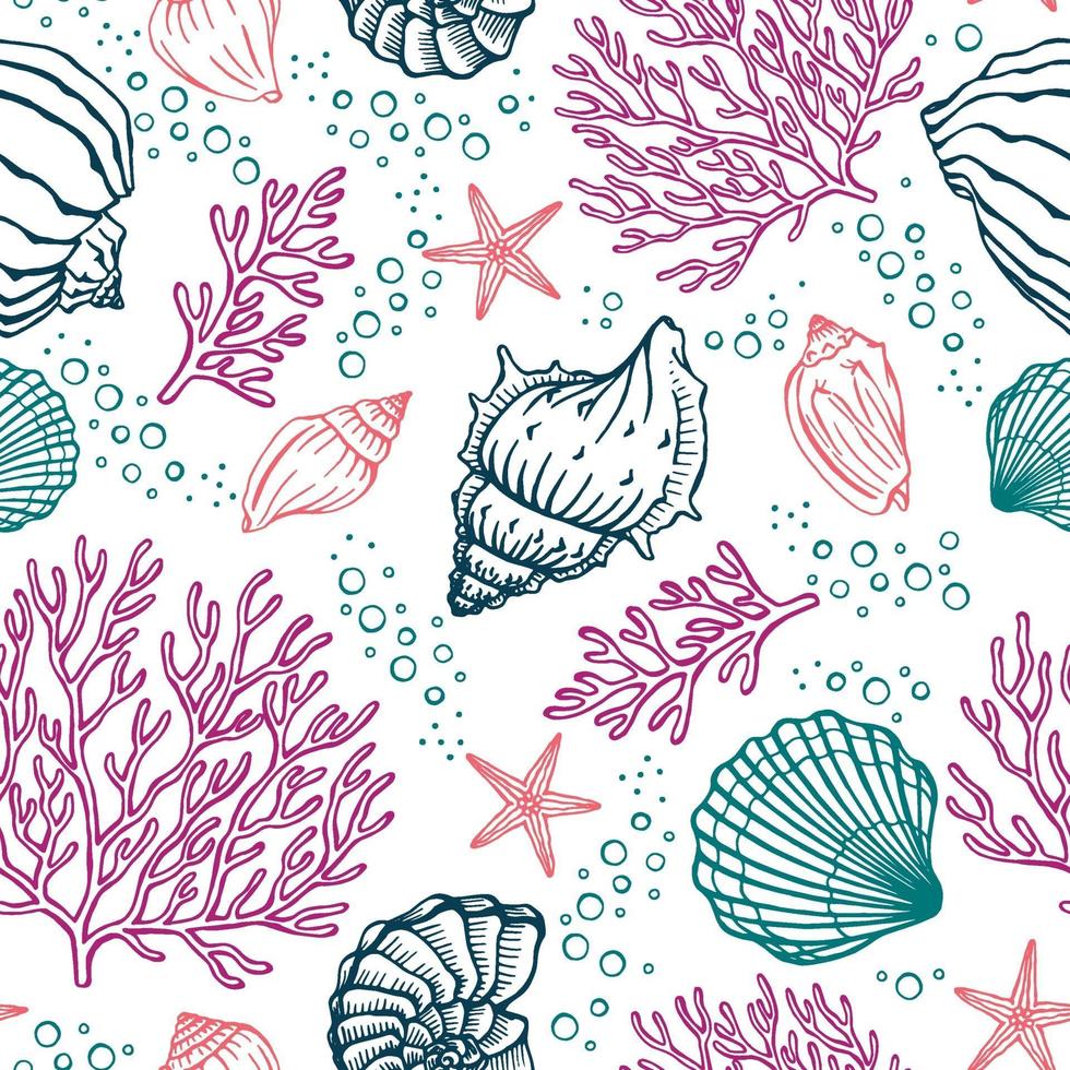 Seamless pattern with seashells, corals and starfishes. Marine background.  Perfect for greetings, invitations, manufacture wrapping paper, textile and web design. vector