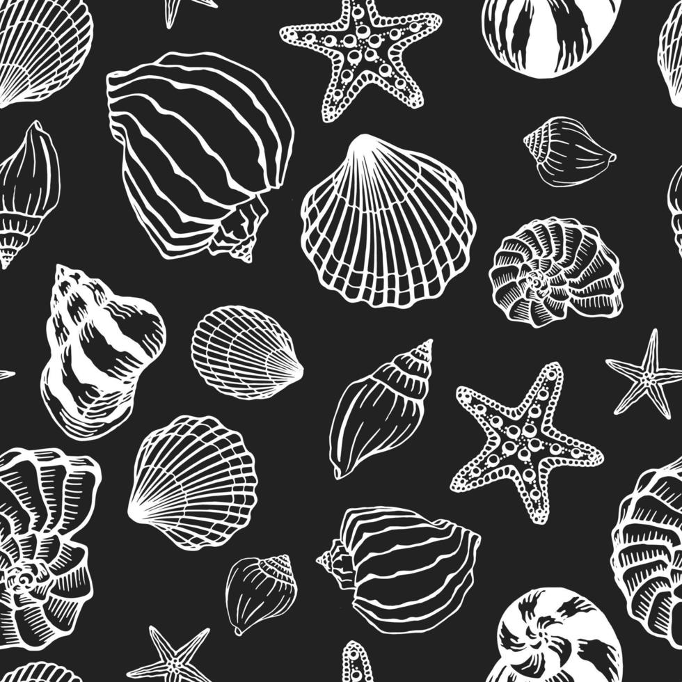 Seamless pattern with seashells, starfishes. Marine background.  Hand drawn vector illustration in sketch style. Perfect for greetings, invitations, coloring books, textile, wedding and web design