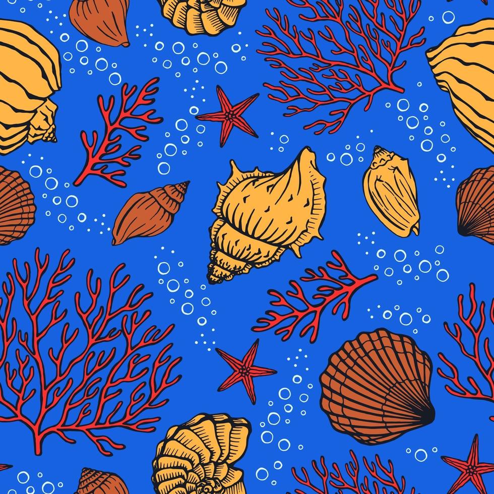 Seamless pattern with seashells, corals and starfishes. Marine background.  Perfect for greetings, invitations, manufacture wrapping paper, textile and web design. vector