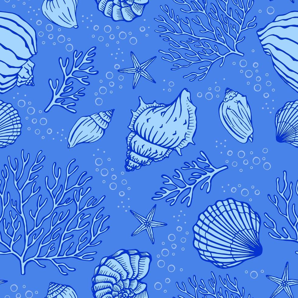 Seamless pattern with seashells, corals and starfishes. Marine background.  Perfect for greetings, invitations, manufacture wrapping paper, textile and web design. vector