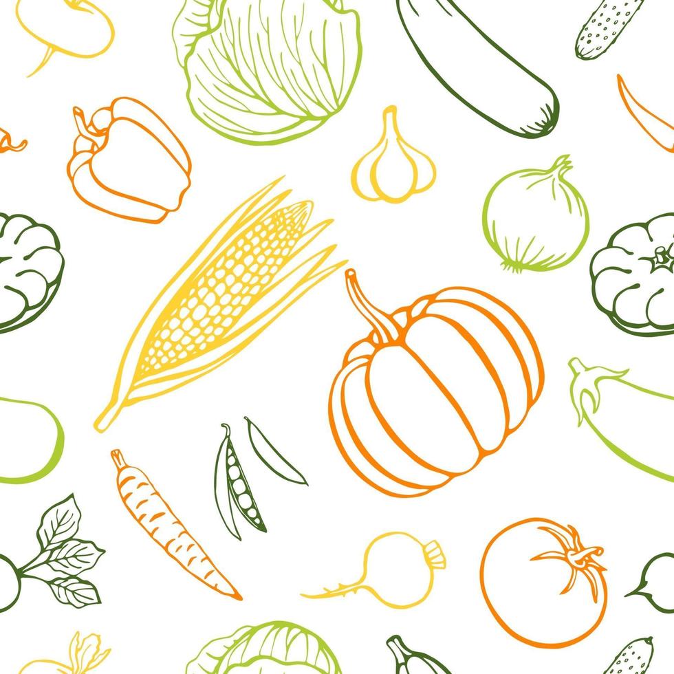 Seamless pattern hand drawn vegetables collection, isolated elements. Vector illustration.