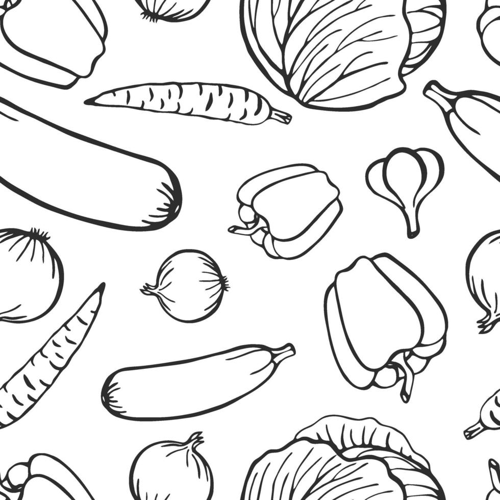 Seamless pattern hand drawn vegetables collection, isolated elements. Vector illustration.