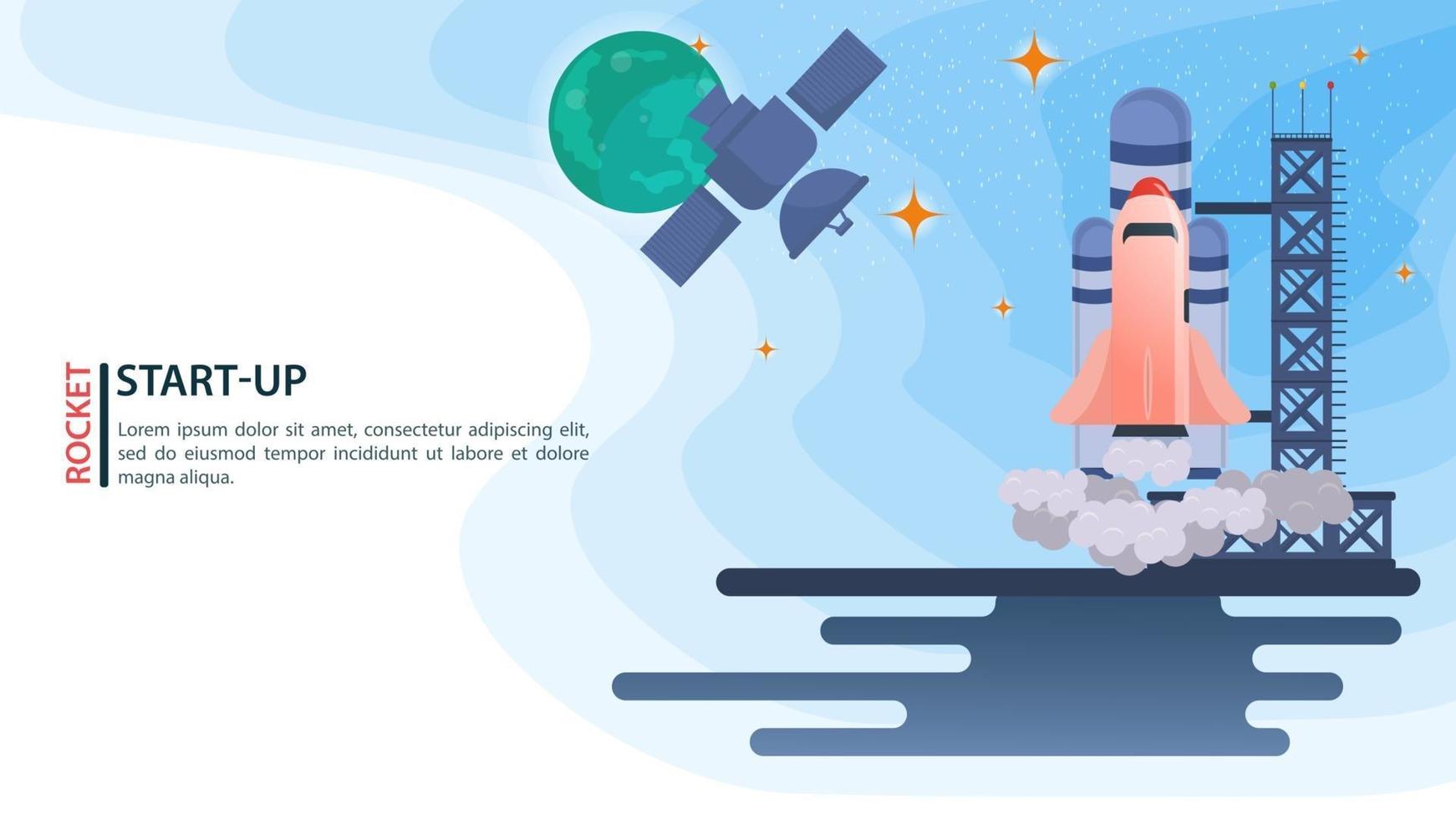 banner satellite in space on the background of planets watching the launch of the space Shuttle rocket startup for web and mobile sites design flat vector illustration