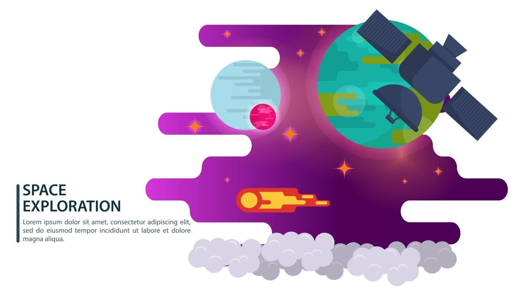 banner space satellite on the background of a blue planet makes a flight for web and mobile sites design flat vector illustration