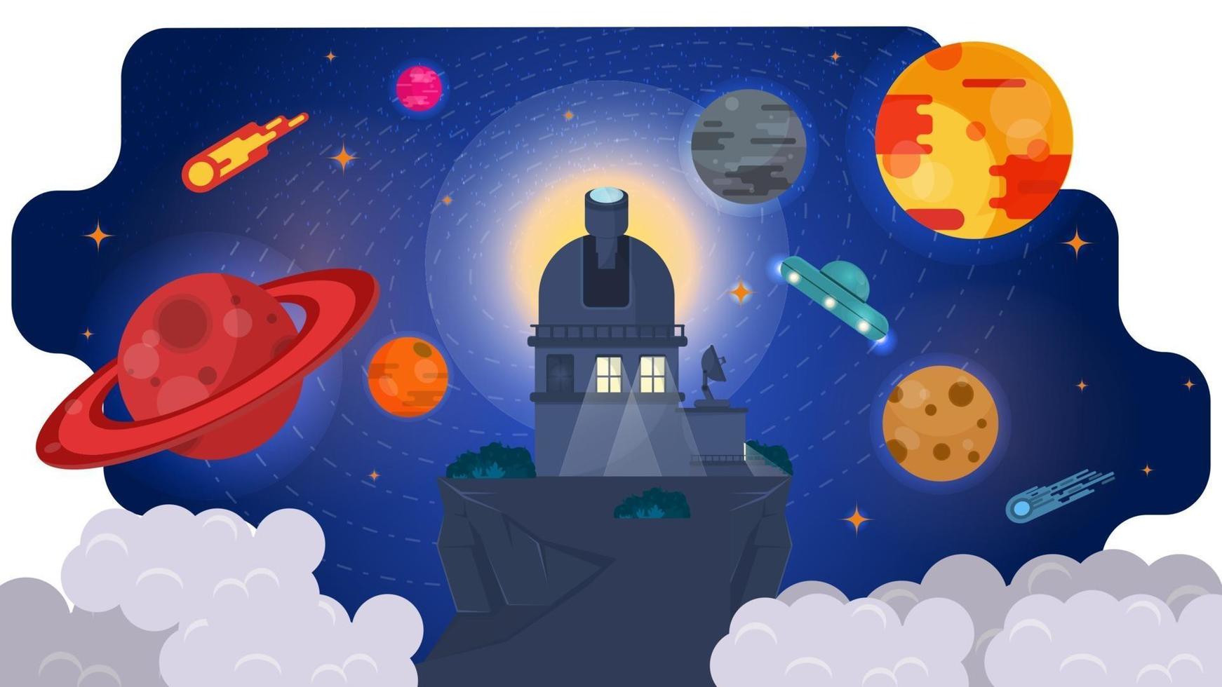 Observatory radio telescope in high mountains among clouds observing the planets of the universe design concept flat vector illustration