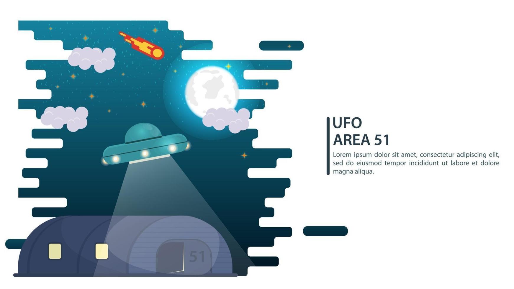 banner dark moonlit night flying saucer UFO hovering over the hangar for web and mobile sites design flat vector illustration