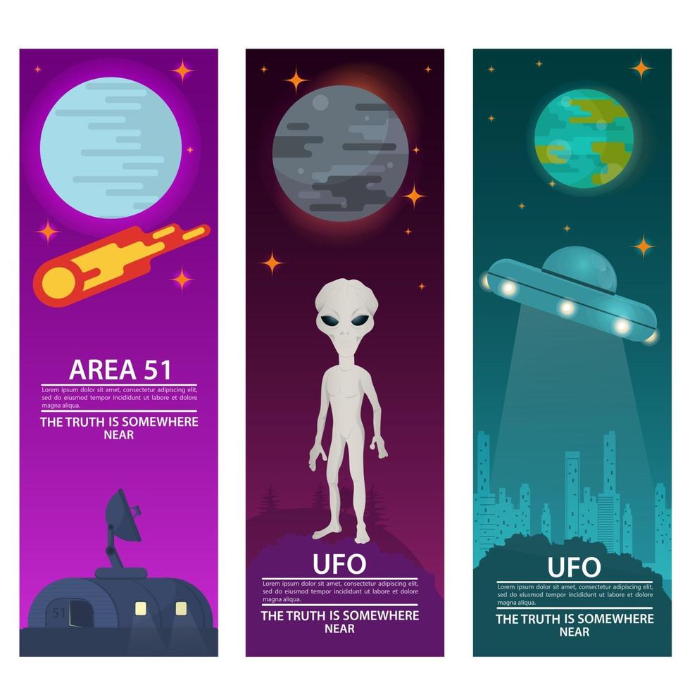 vertical banners UFO flying saucer zone 51 alien extraterrestrial intelligence on a night background design concept flat vector illustration