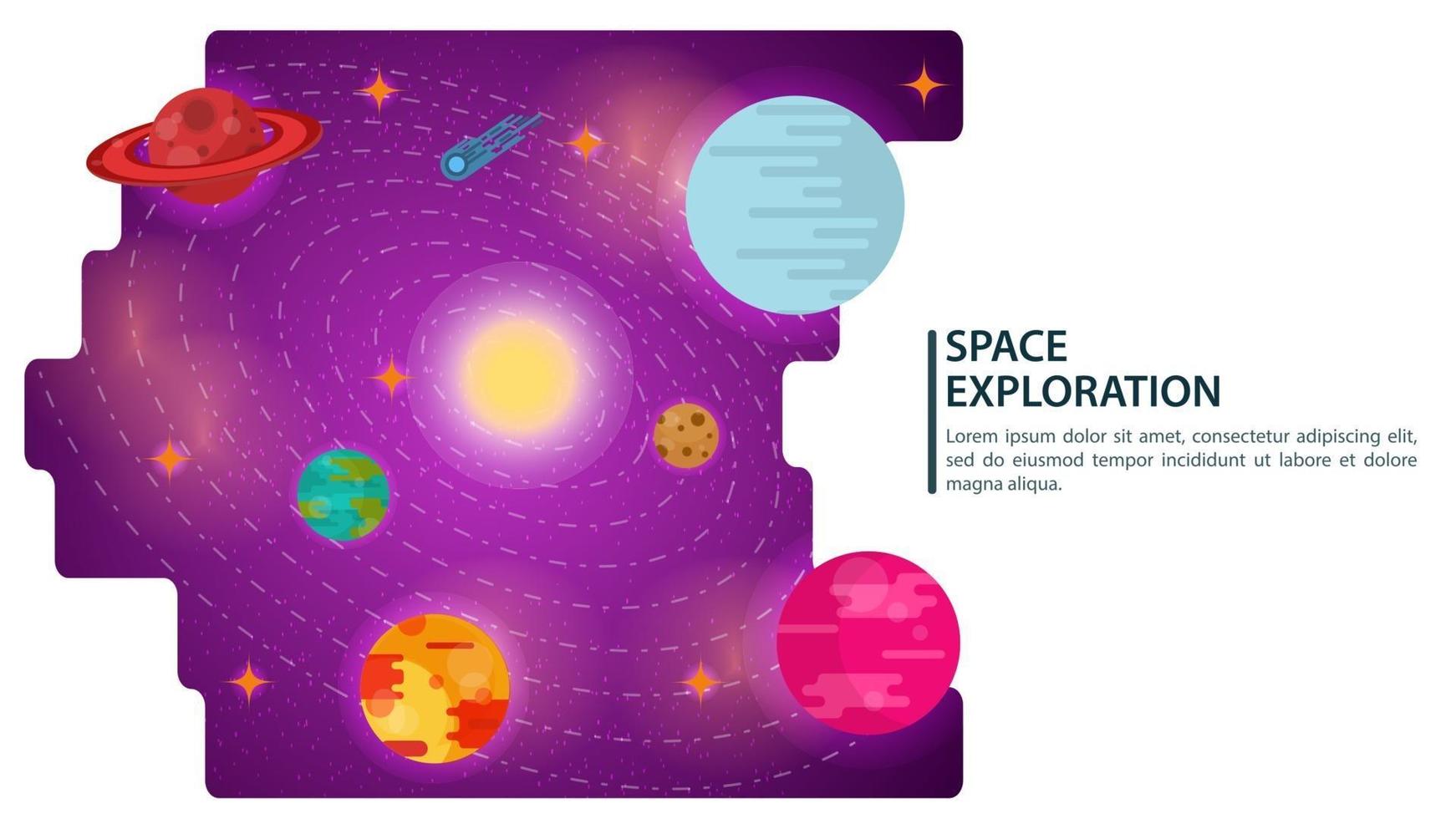 Universo espacial de banner con planetas en órbita para sitios web y móviles, diseño de ilustración vectorial plana vector