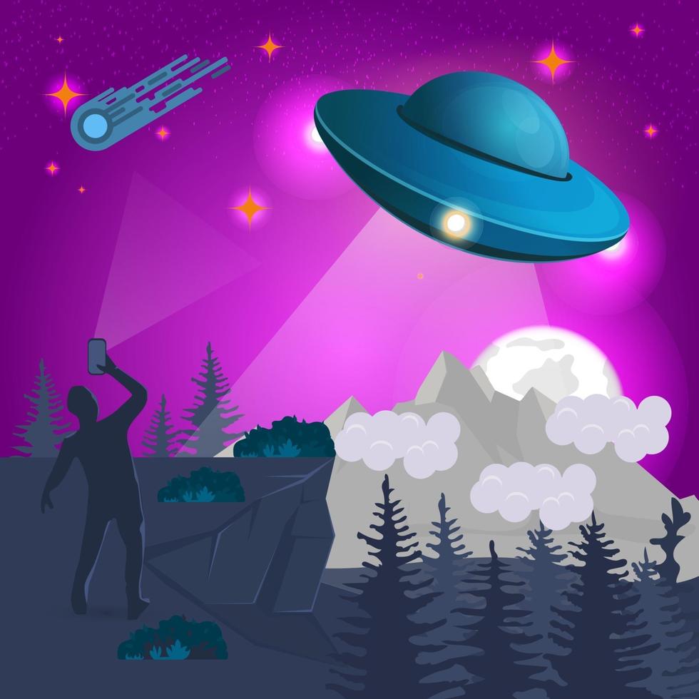 in the mountains at night a man takes a UFO flying saucer on his mobile phone design concept flat vector illustration