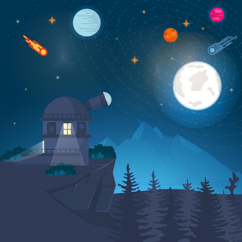 Observatorio del paisaje, radiotelescopio en la montaña que estudia el espacio del planeta en el contexto de la naturaleza, concepto de diseño, ilustración vectorial plana vector