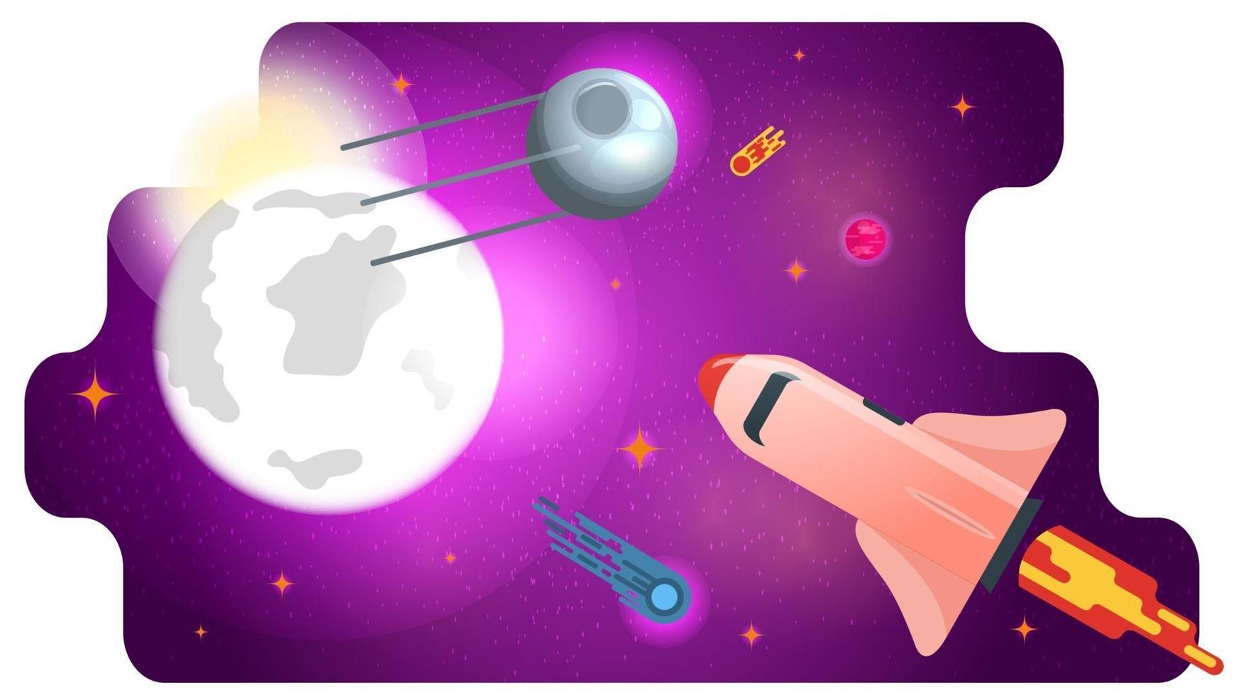 Space artificial satellite and space Shuttle rocket flying in outer space to the planets of the concept of flat design vector illustration