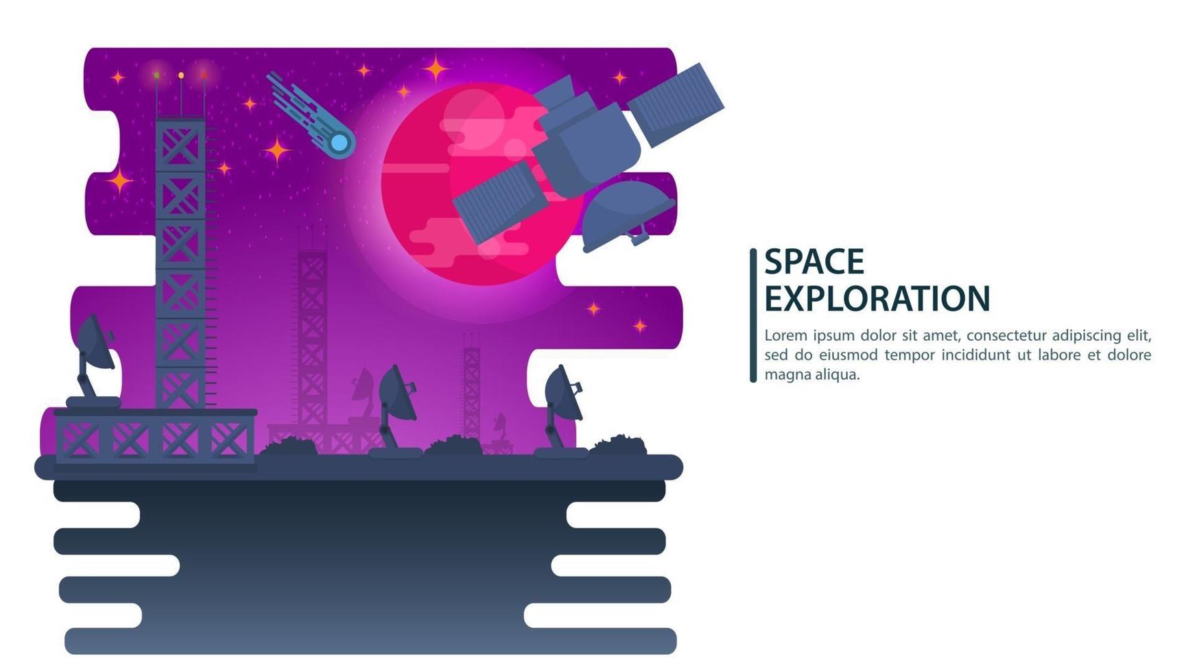 Satélite espacial para la exploración espacial en el fondo de la ilustración de vector plano de gran concepto de diseño de planeta rojo