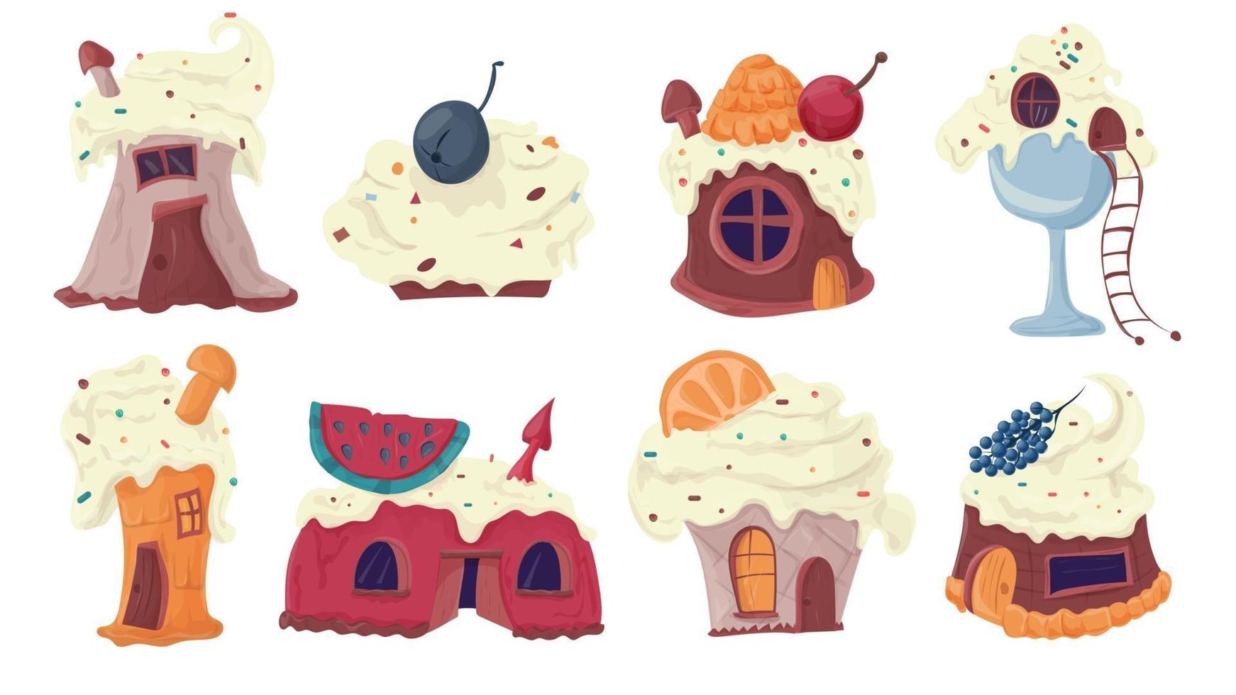 Set of cakes cupcakes in the form of houses flat vector illustration for design design