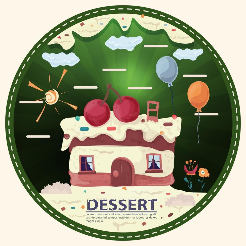 a piece of cake in the form of a house on the roof with berry cherries with the inscription dessert round sticker flat design vector