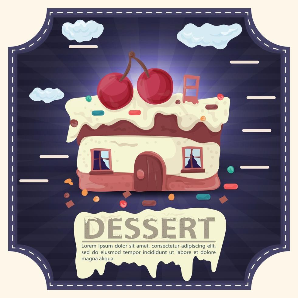 House cake slice with cherry on the roof and icing with the inscription dessert square sticker flat design vector