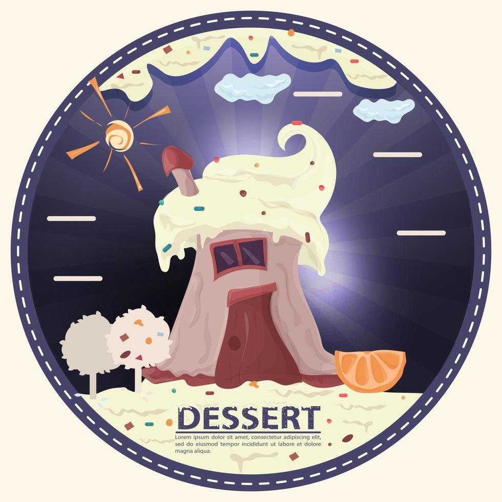 cake cupcake in the form of a house with the inscription dessert round sticker flat design vector