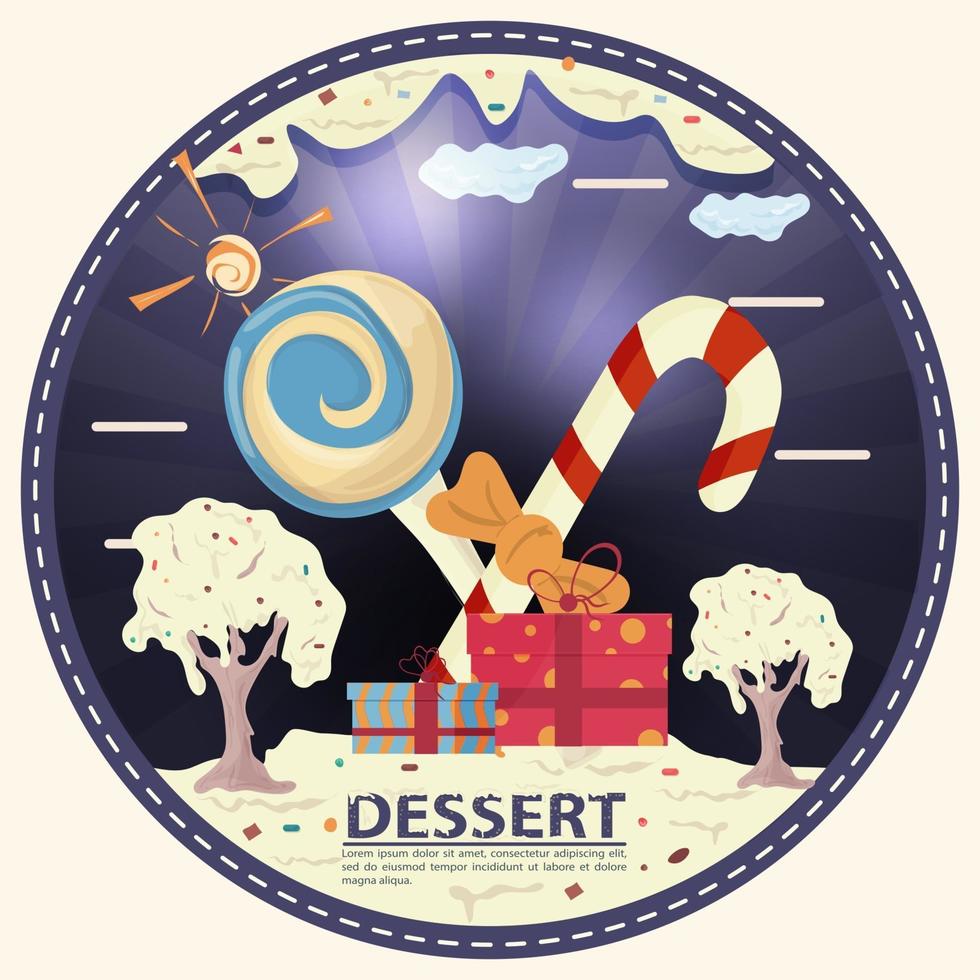 candy and gift boxes in a clearing made of icing with the words dessert round sticker flat design vector