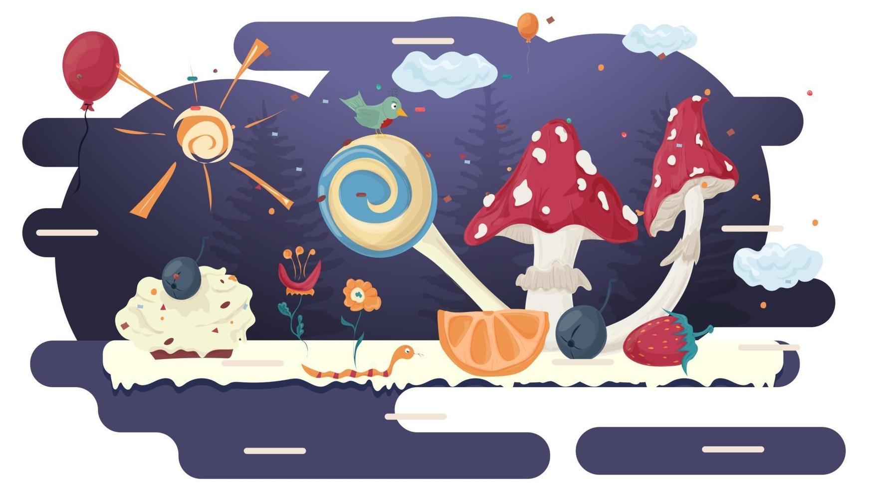 Mushroom fly agaric in a glade of glaze among trees flowers berries fruits and balloons flat vector illustration for design design