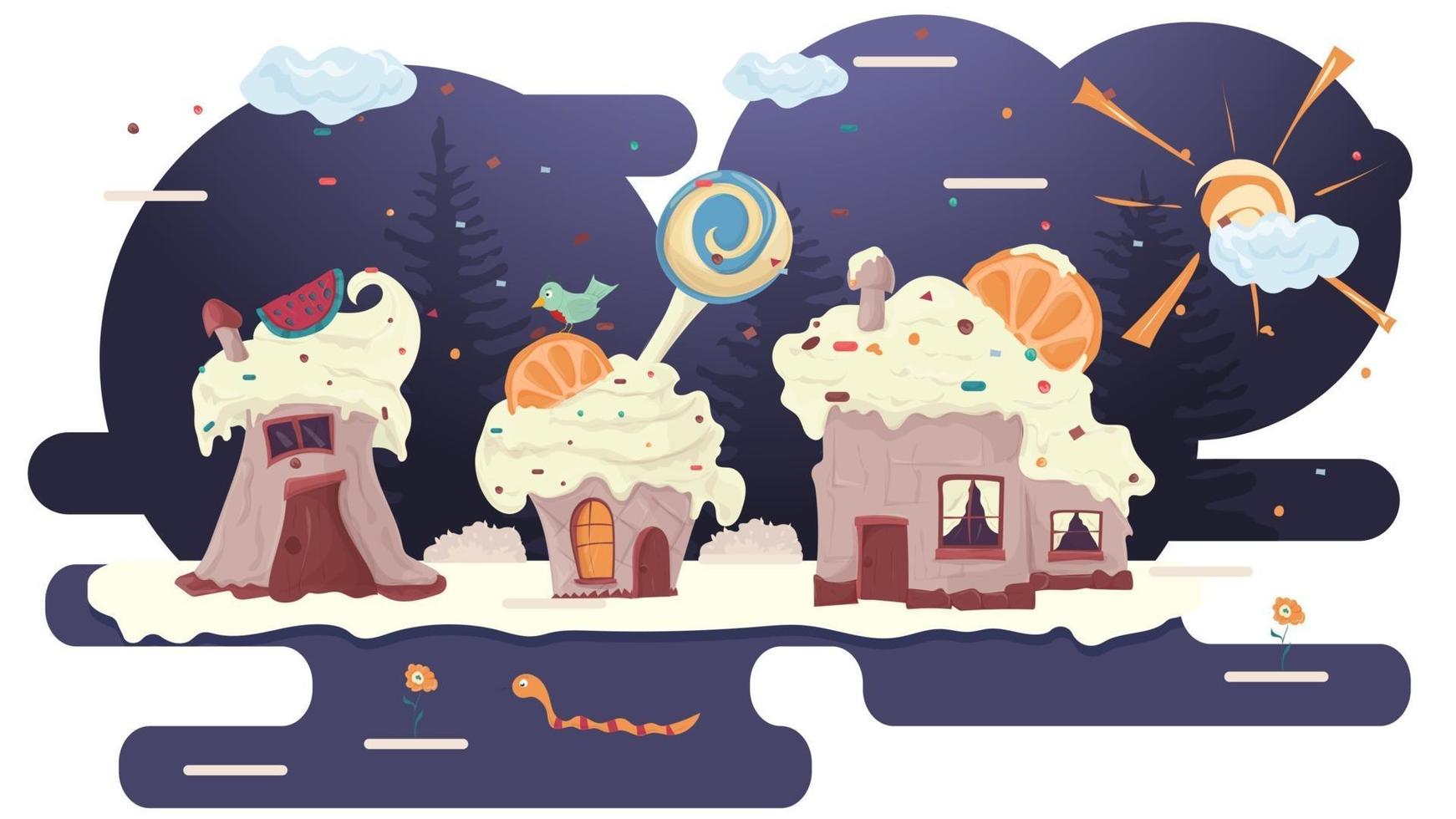 three cupcake houses with berries on the roof in a glade of icing among trees flowers flat vector illustration for design design