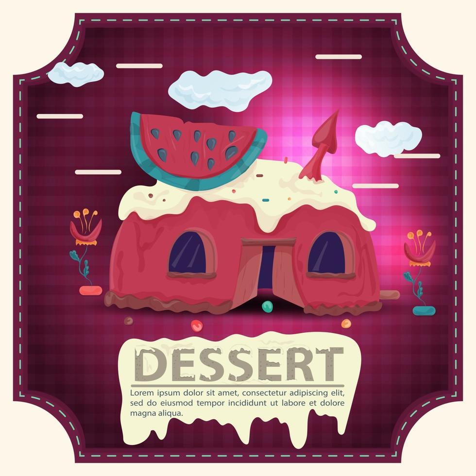 House cake with watermelon slice on the roof and icing with the inscription dessert square sticker flat design vector