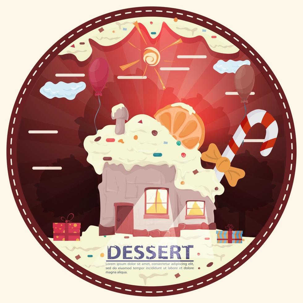 house cupcake with a slice of citrus on the roof among the gifts in the glade of icing with the inscription dessert round sticker flat design vector
