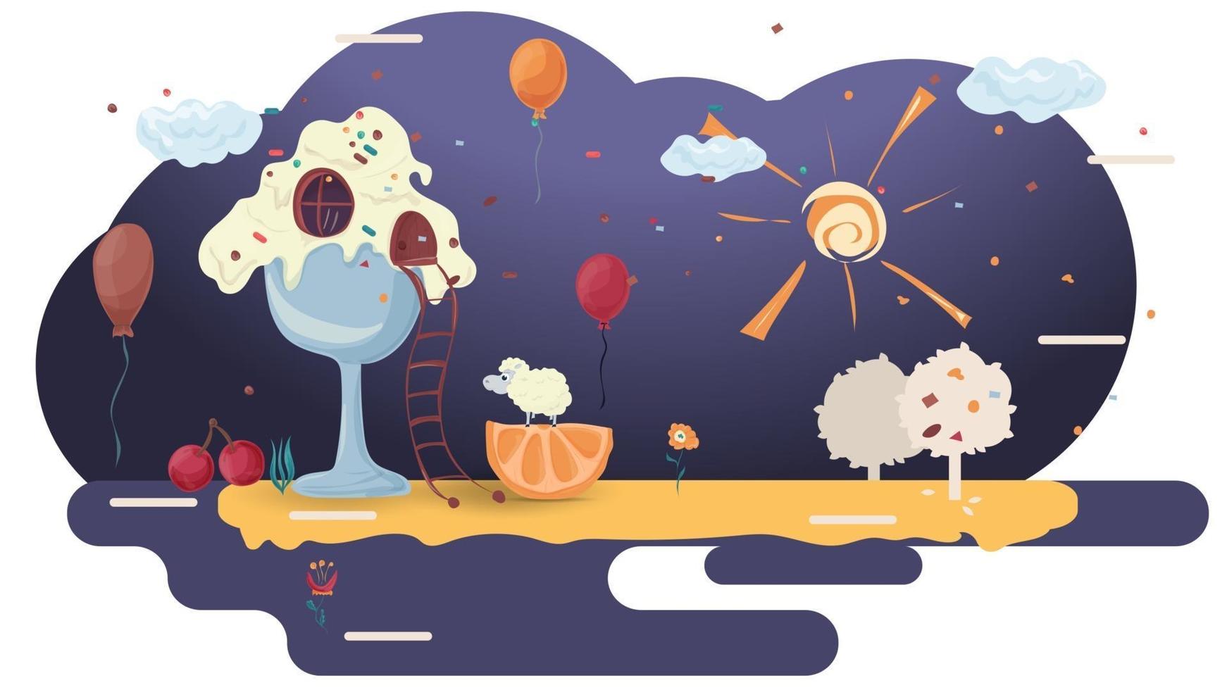 House ice cream with a ladder among the balloons on glazurovki a clearing among the trees flat vector illustration for design